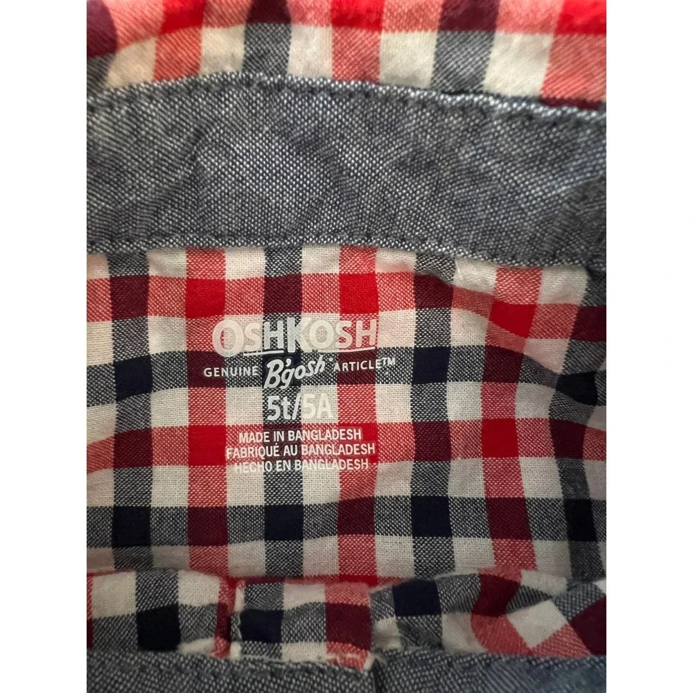 OshKosh Bgosh Toddler Boys Red White Blue Gingham Plaid Shirt 5T Short Sleeve